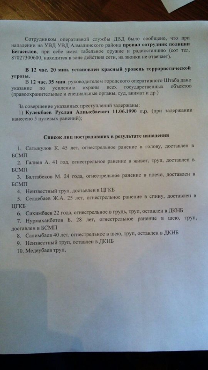 Интернет булактарында атышууда каза болгон жана жарадар болгон жарандардын тизмеси пайда болду. 
