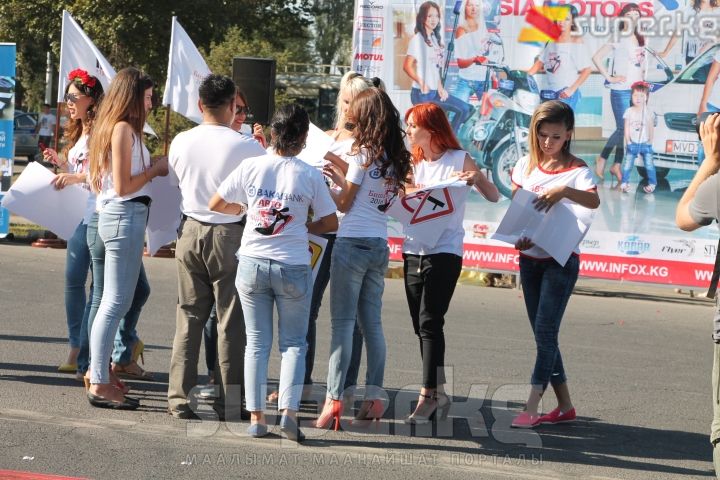 Катышуучу кыздар жол белгилеринен турган суроолорду тандап жатышат.